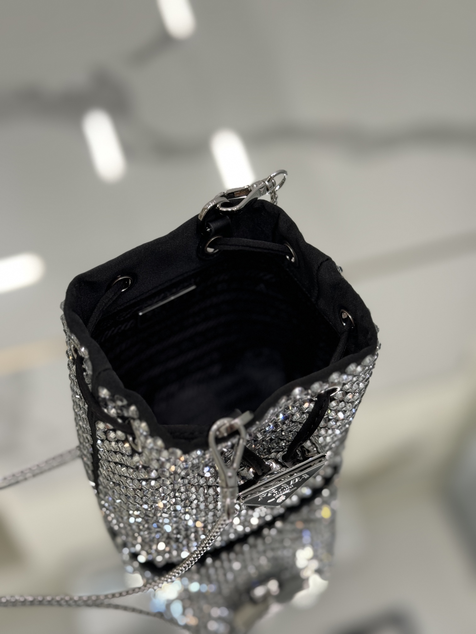 Crystal Mini Bucket Bag Made of Crystal and Satin Materials, Style No: 1NR016