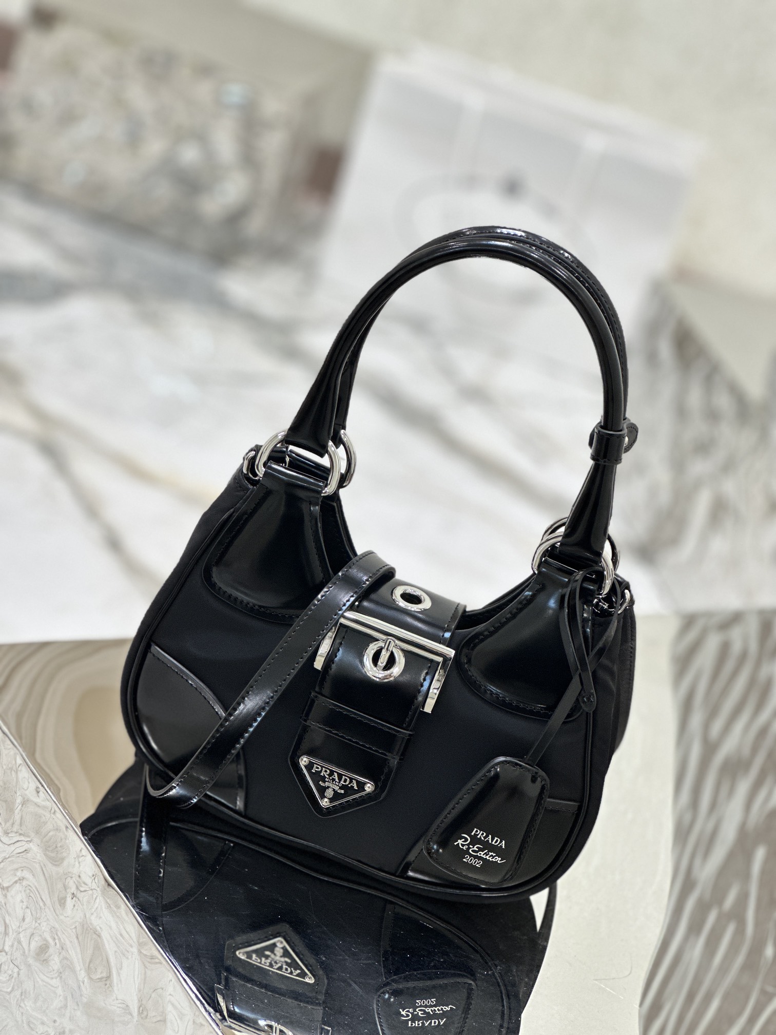 Fabric and Leather Moon Handbag Imported Nylon Fabric and Glossy Cowhide Design, Style Number: 1BA381