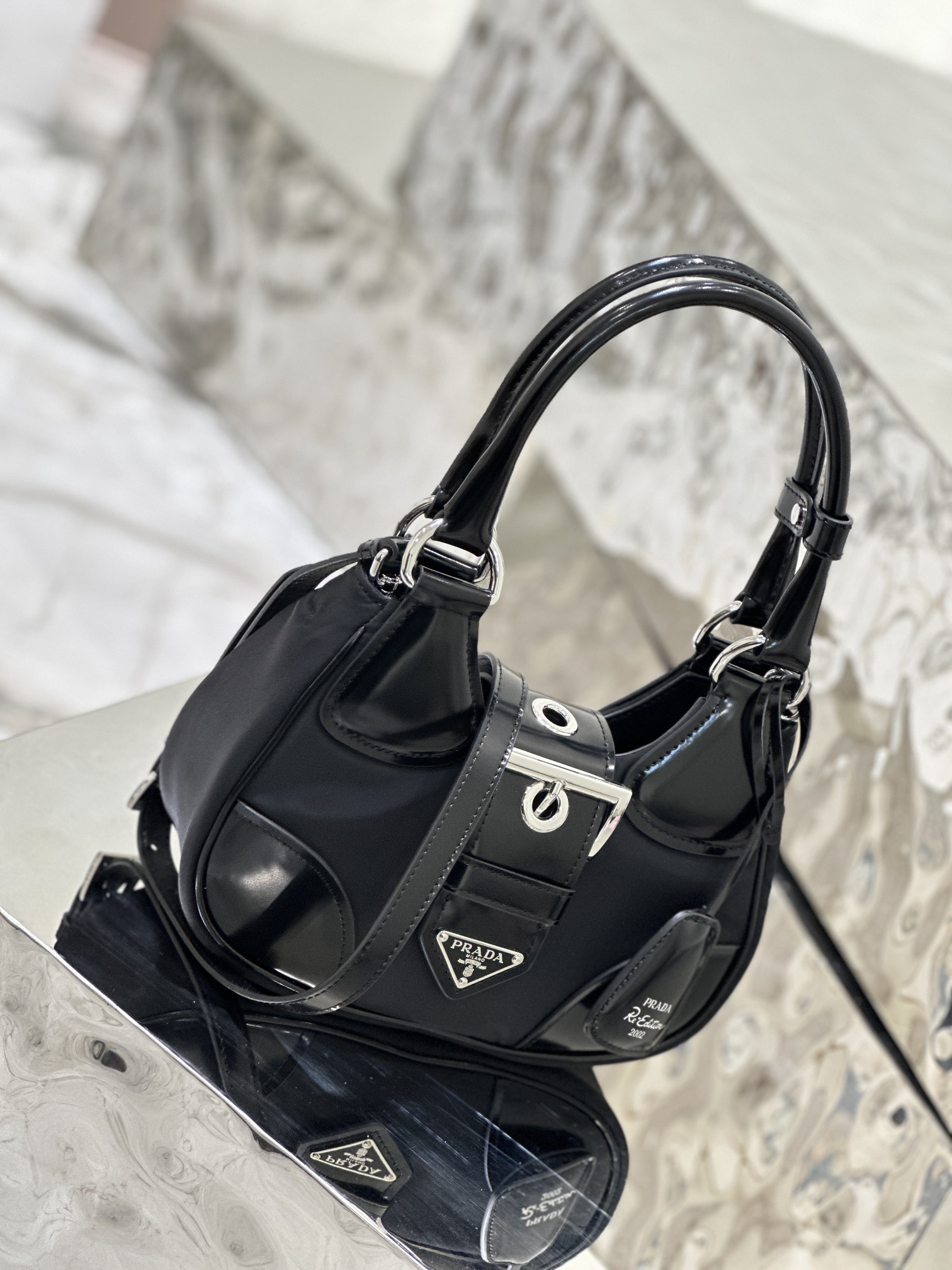 Fabric and Leather Moon Handbag Imported Nylon Fabric and Glossy Cowhide Design, Style Number: 1BA381