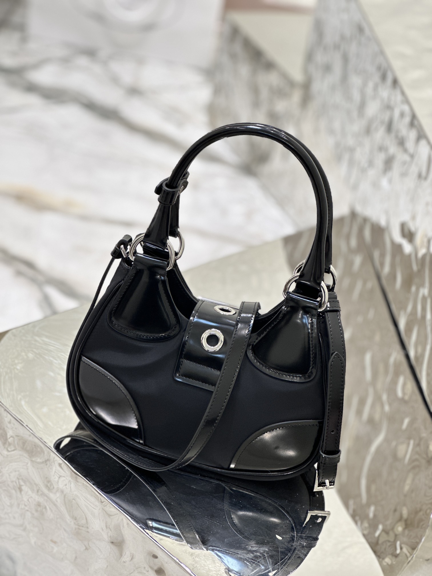 Fabric and Leather Moon Handbag Imported Nylon Fabric and Glossy Cowhide Design, Style Number: 1BA381