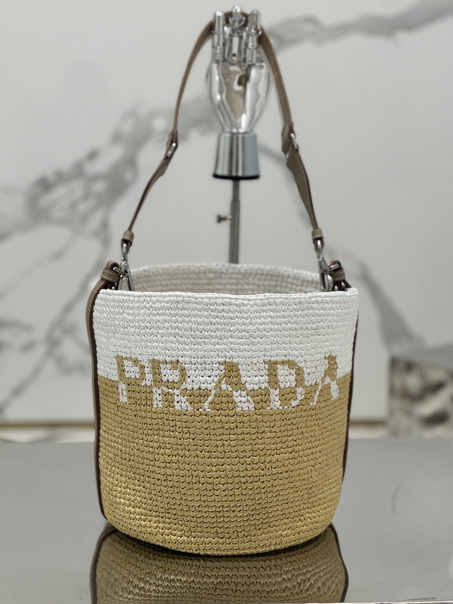 Woven Bucket Bag Imported Raffia Design, Handcrafted, Style Number: 1BE063