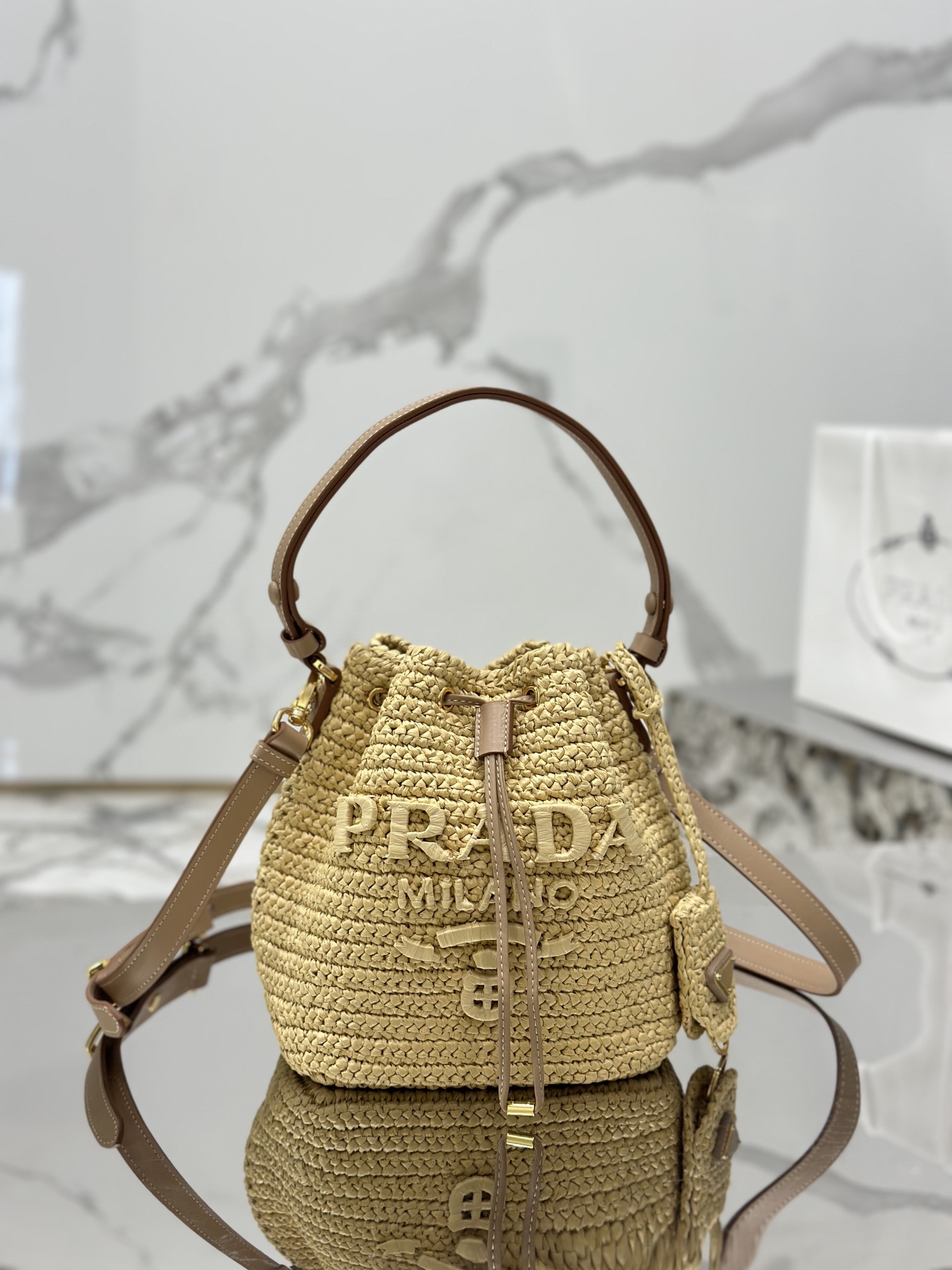 Woven Drawstring Bucket Bag Raffia Weave, Style Number: 1BE068