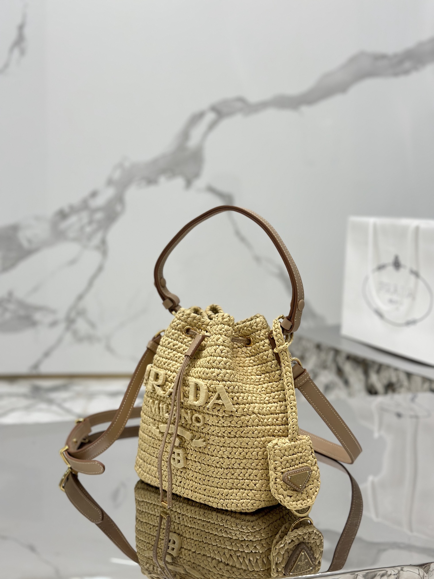 Woven Drawstring Bucket Bag Raffia Weave, Style Number: 1BE068