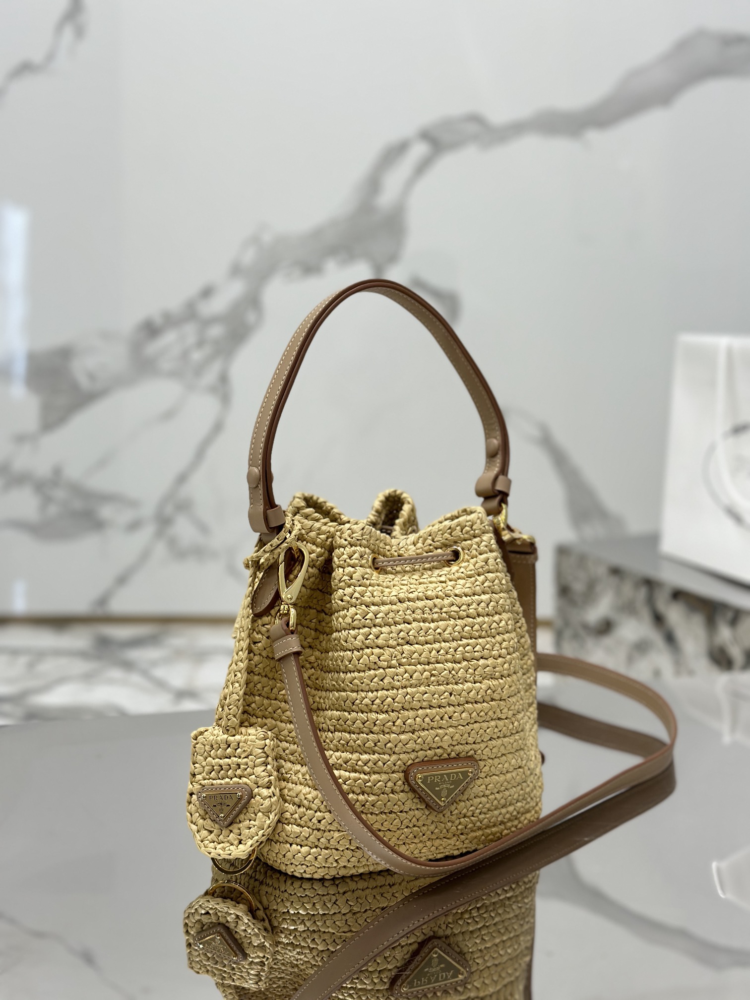 Woven Drawstring Bucket Bag Raffia Weave, Style Number: 1BE068