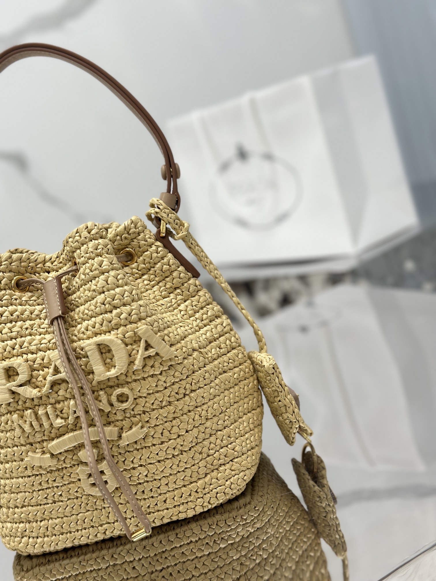 Woven Drawstring Bucket Bag Raffia Weave, Style Number: 1BE068