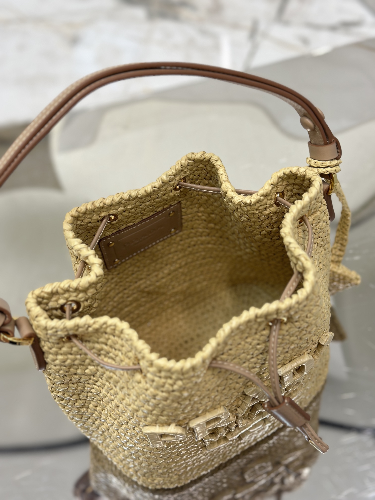 Woven Drawstring Bucket Bag Raffia Weave, Style Number: 1BE068