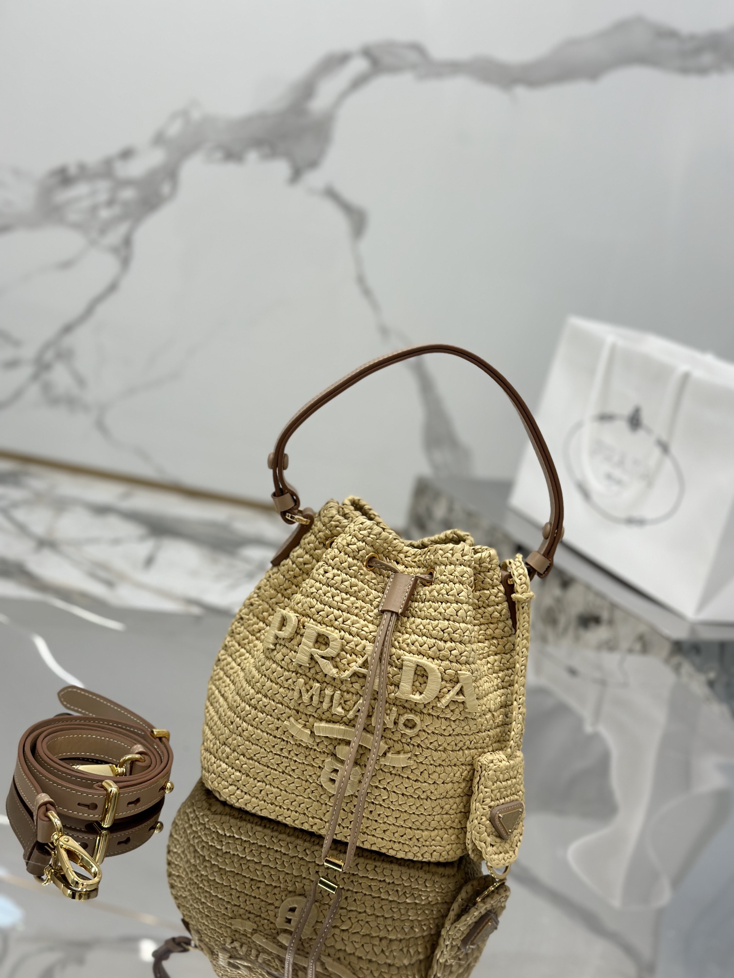 Woven Drawstring Bucket Bag Raffia Weave, Style Number: 1BE068