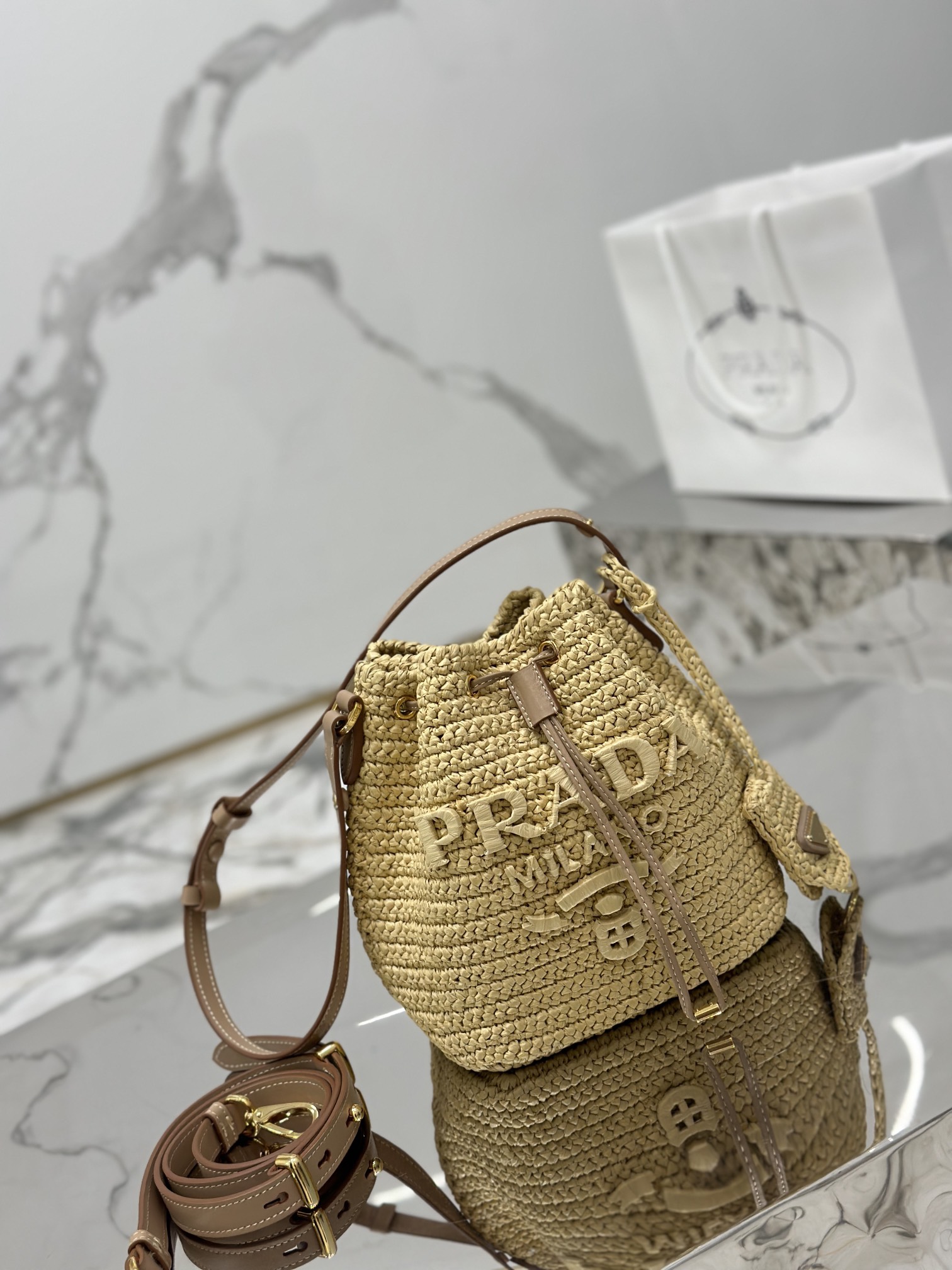 Woven Drawstring Bucket Bag Raffia Weave, Style Number: 1BE068