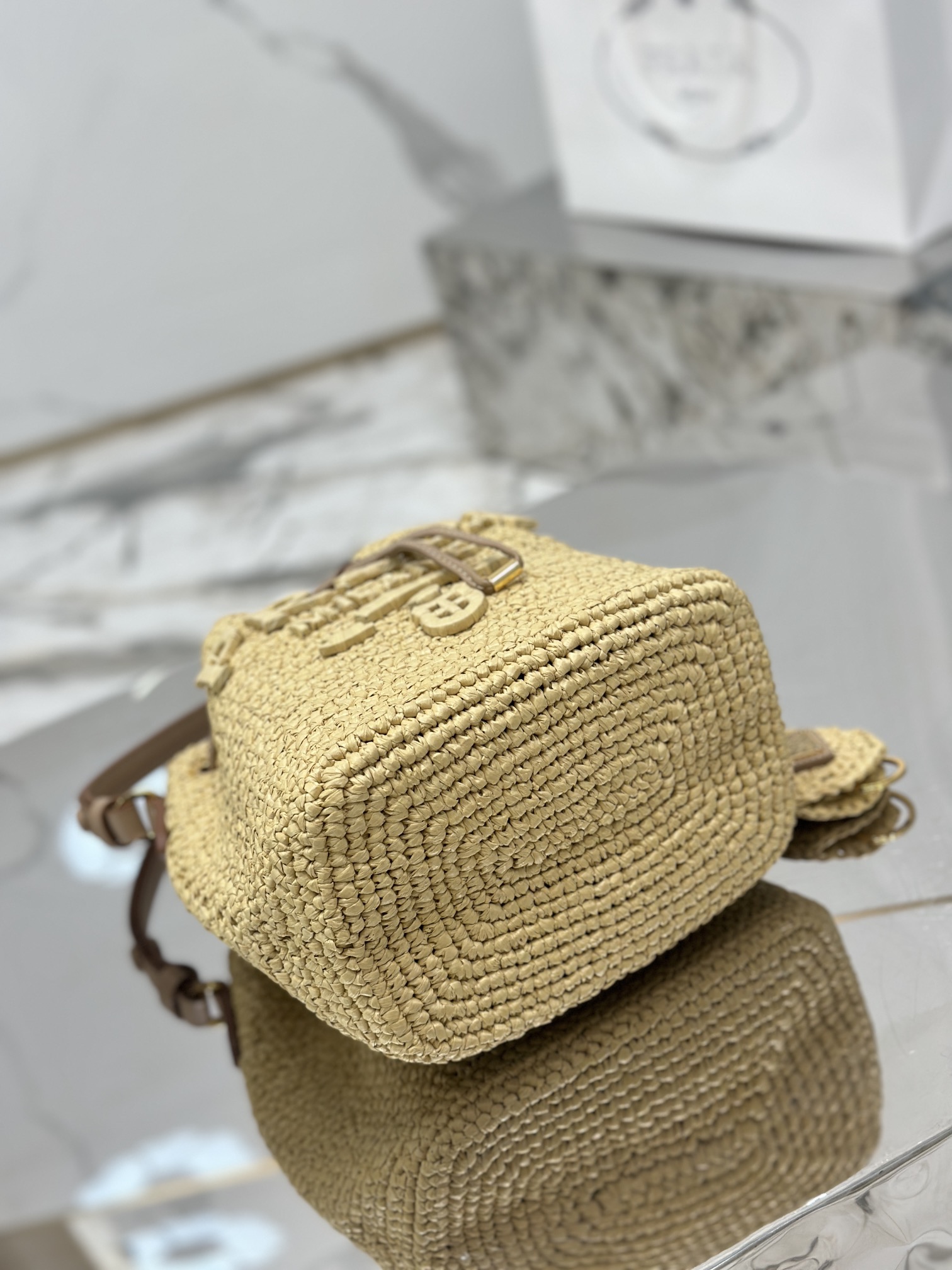 Woven Drawstring Bucket Bag Raffia Weave, Style Number: 1BE068