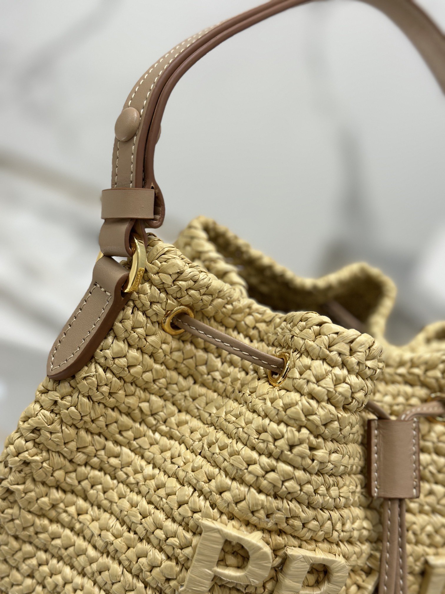 Woven Drawstring Bucket Bag Raffia Weave, Style Number: 1BE068