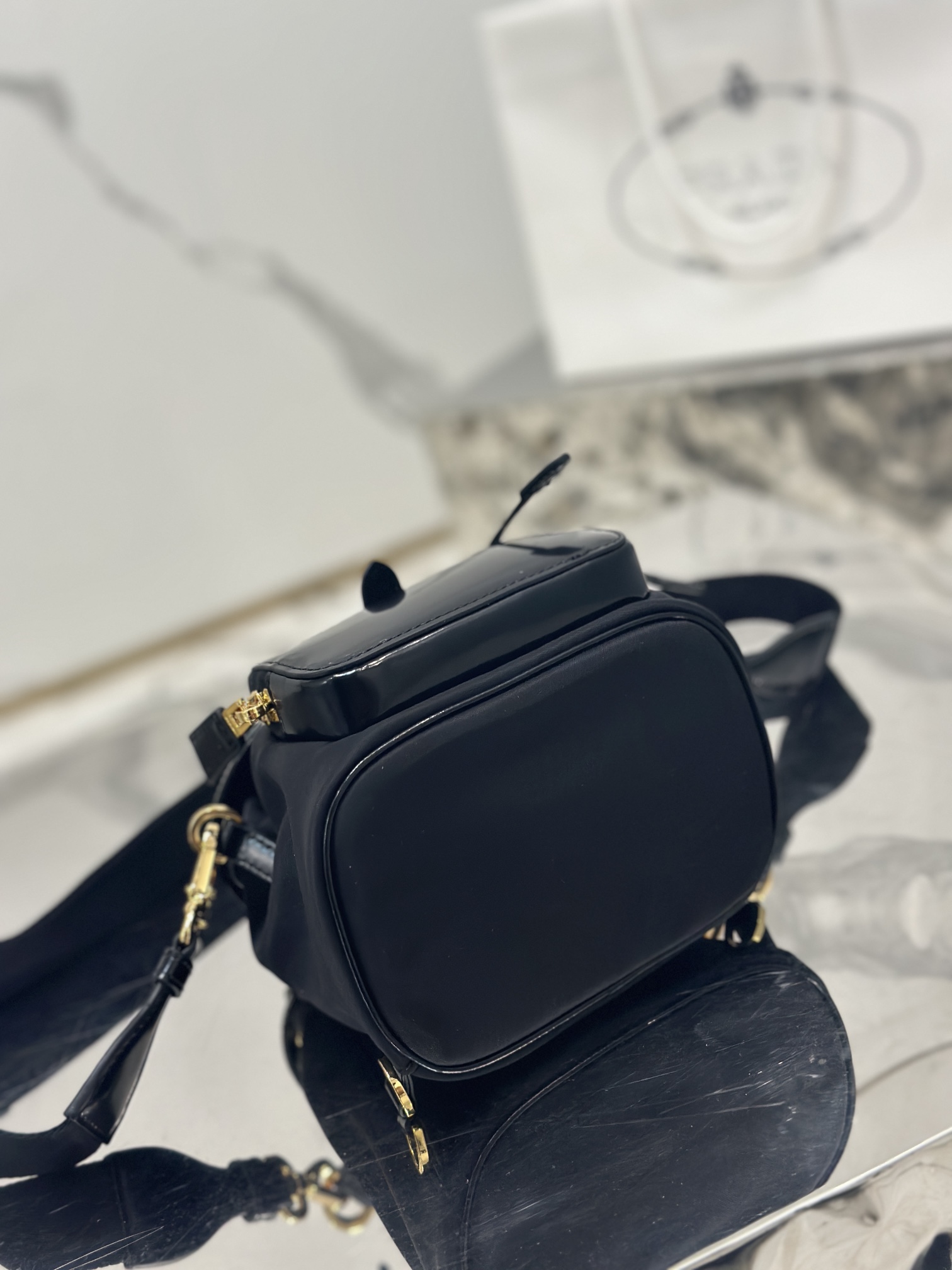 Mini Shoulder Bag Nylon Fabric and Glossy Cowhide, Style Number: 1BZ075