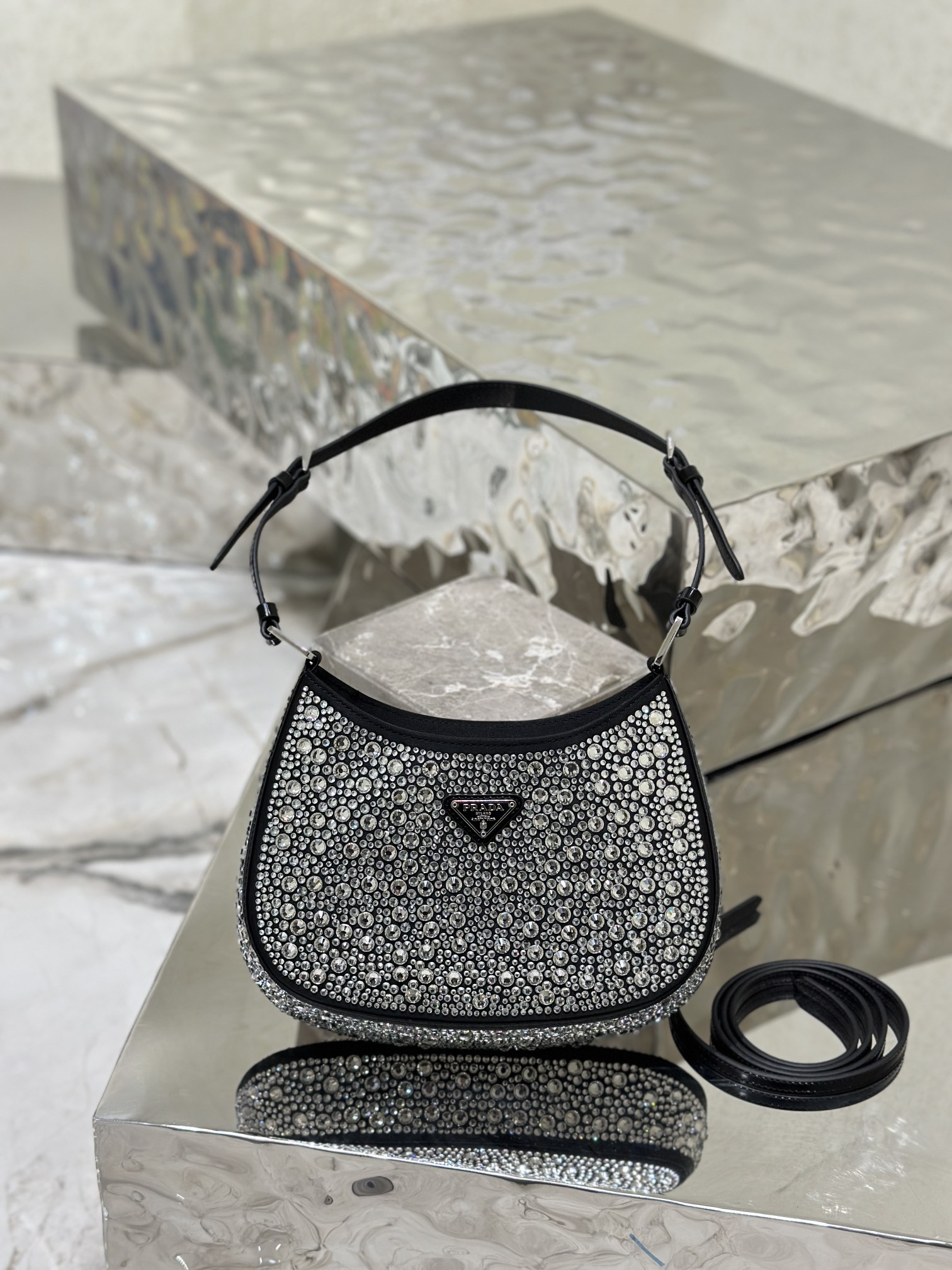 Starry sky underarm bag Cleo, satin handbag covered with various sizes of sparkling imported crystals. Model No: 1BC169  