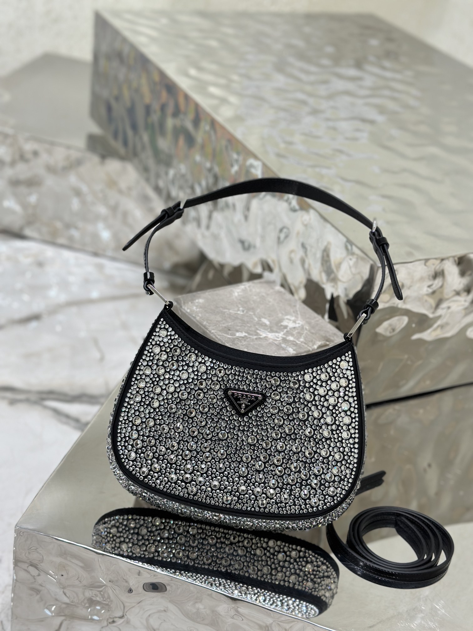 Starry sky underarm bag Cleo, satin handbag covered with various sizes of sparkling imported crystals. Model No: 1BC169  