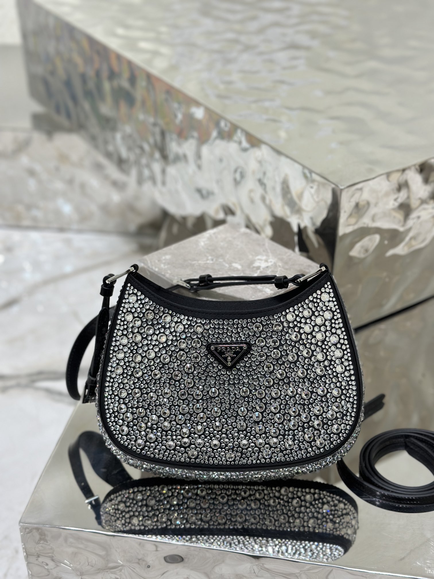 Starry sky underarm bag Cleo, satin handbag covered with various sizes of sparkling imported crystals. Model No: 1BC169  