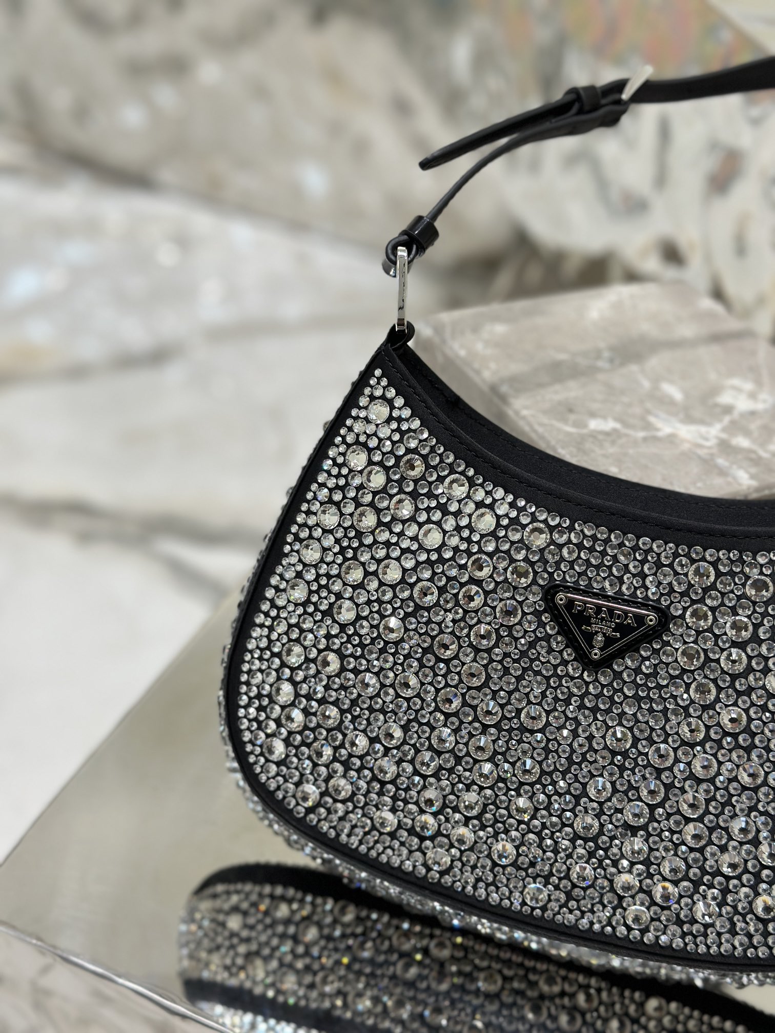 Starry sky underarm bag Cleo, satin handbag covered with various sizes of sparkling imported crystals. Model No: 1BC169  