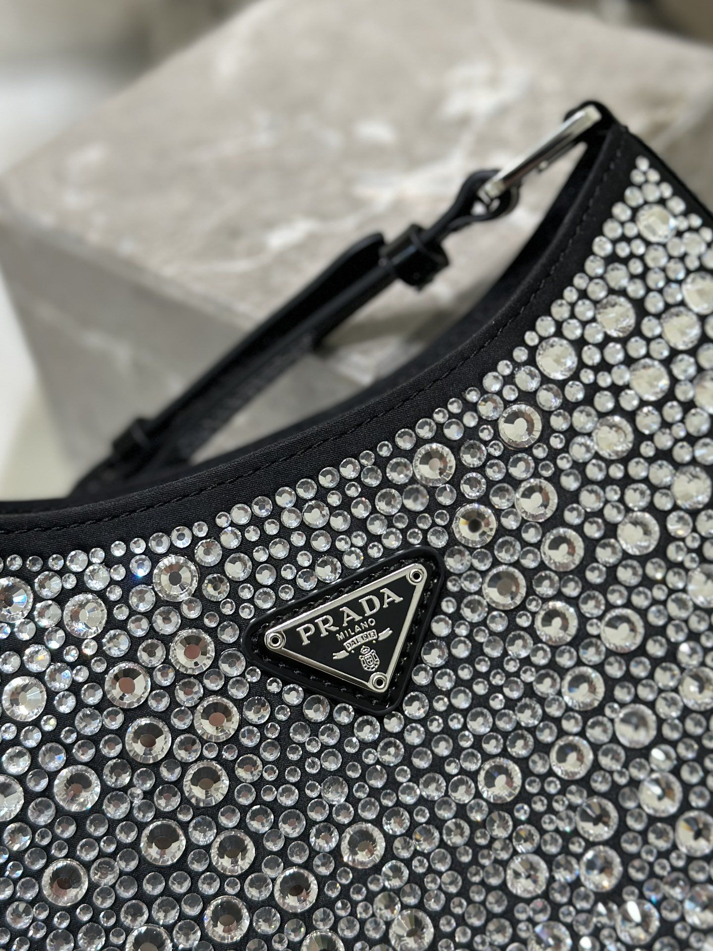 Starry sky underarm bag Cleo, satin handbag covered with various sizes of sparkling imported crystals. Model No: 1BC169  