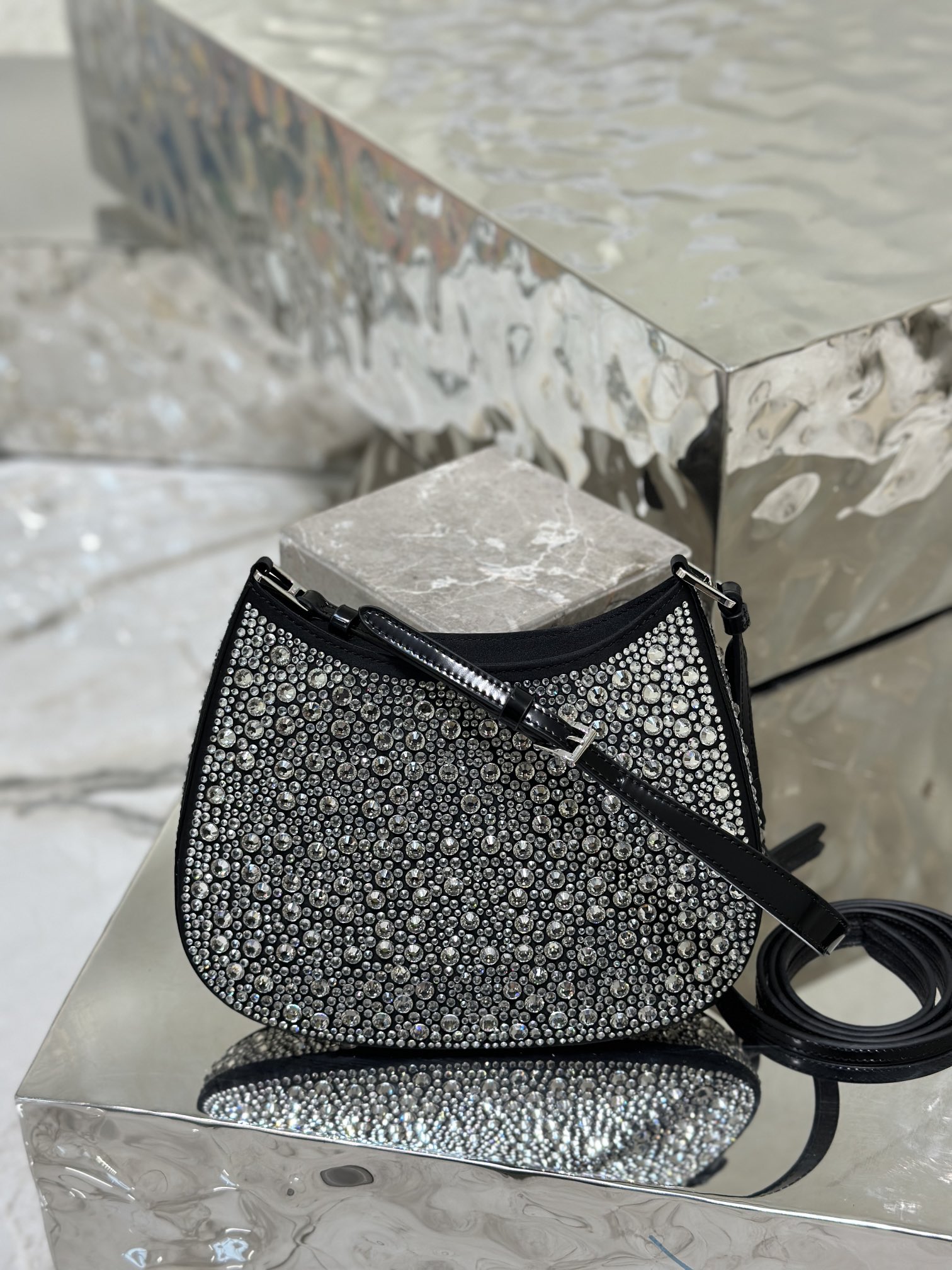 Starry sky underarm bag Cleo, satin handbag covered with various sizes of sparkling imported crystals. Model No: 1BC169  