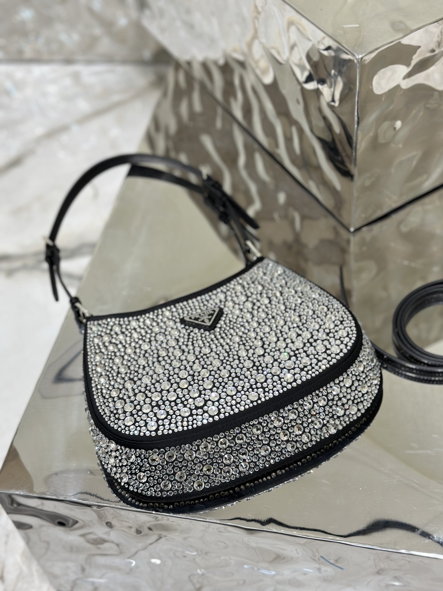 Starry sky underarm bag Cleo, satin handbag covered with various sizes of sparkling imported crystals. Model No: 1BC169  