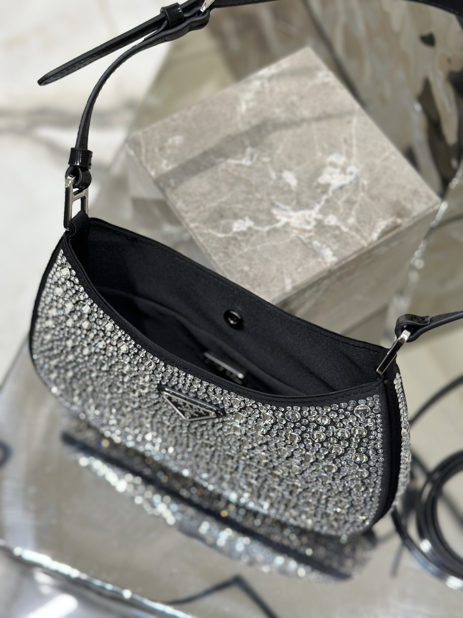 Starry sky underarm bag Cleo, satin handbag covered with various sizes of sparkling imported crystals. Model No: 1BC169  