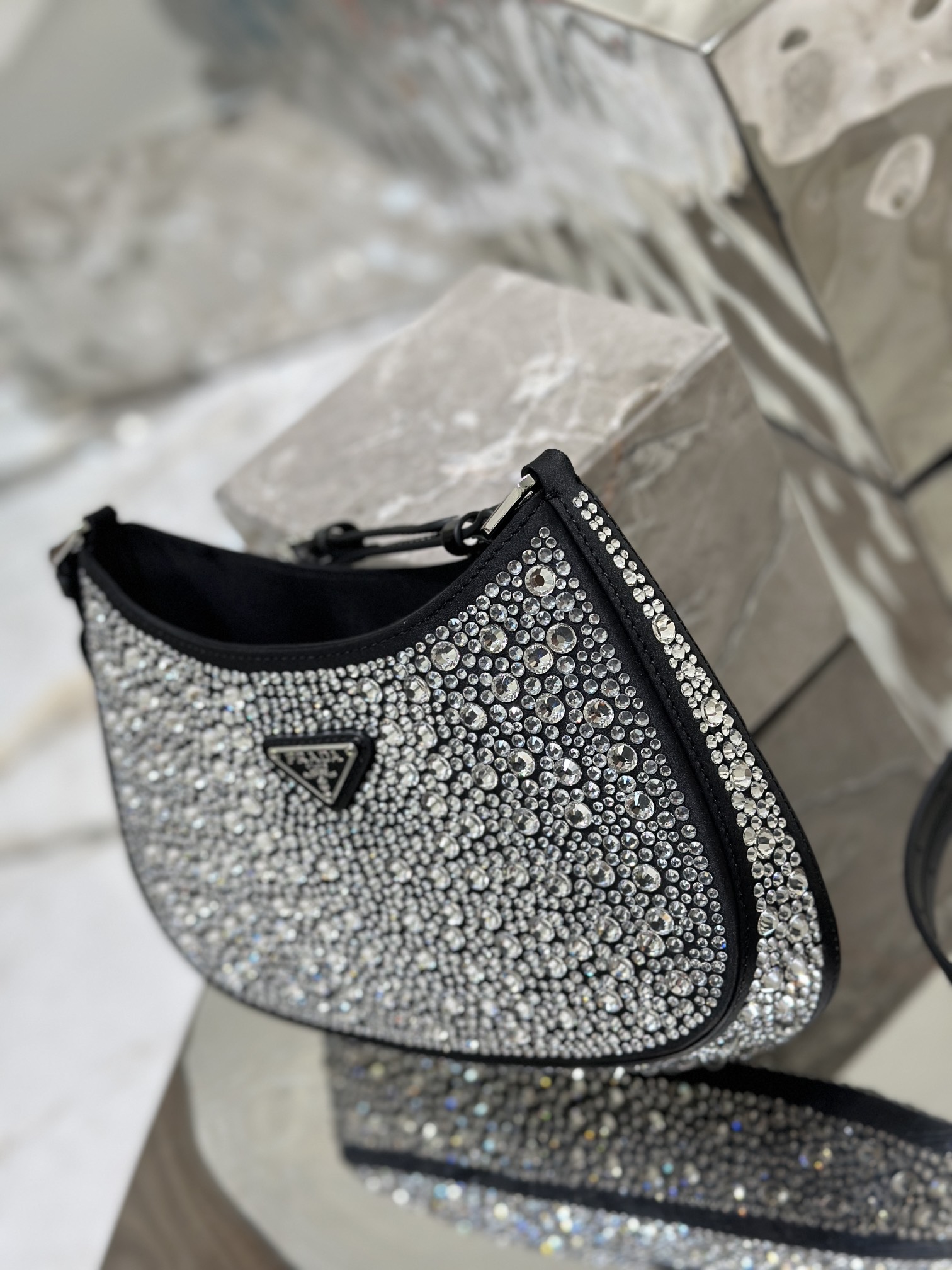 Starry sky underarm bag Cleo, satin handbag covered with various sizes of sparkling imported crystals. Model No: 1BC169  