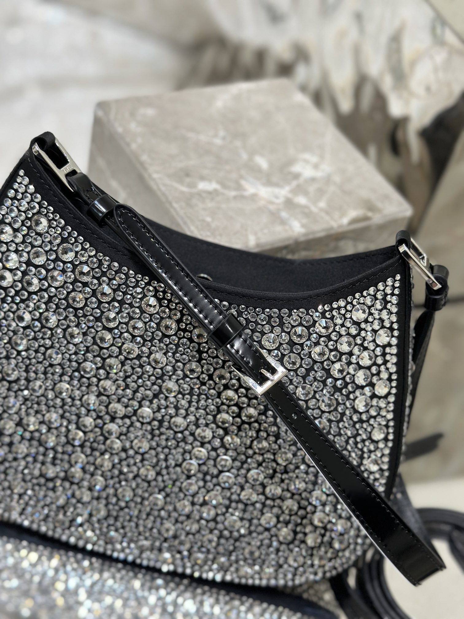 Starry sky underarm bag Cleo, satin handbag covered with various sizes of sparkling imported crystals. Model No: 1BC169  