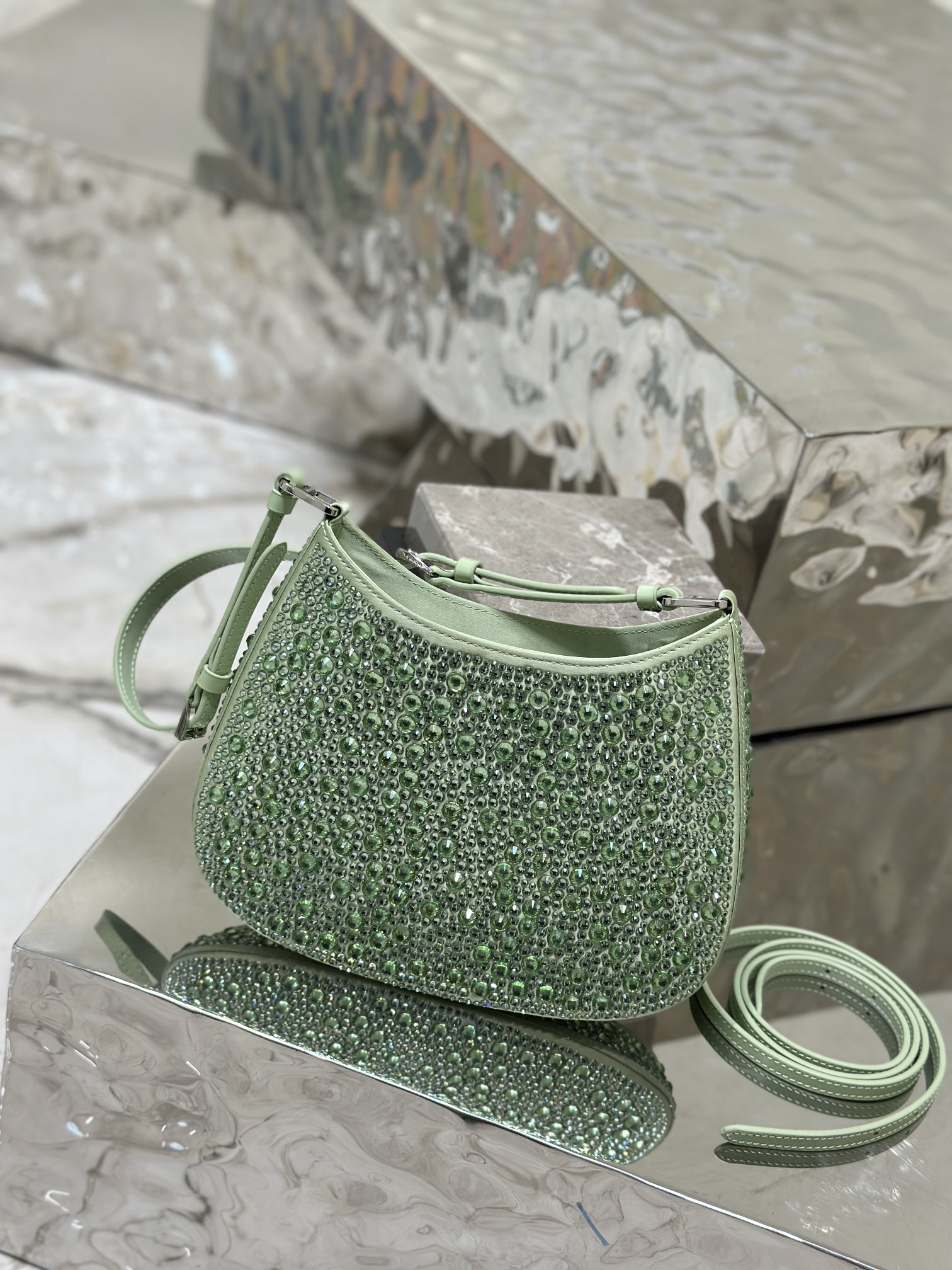 Starry sky underarm bag Cleo, satin handbag covered with various sizes of sparkling imported crystals. Model No: 1BC169  