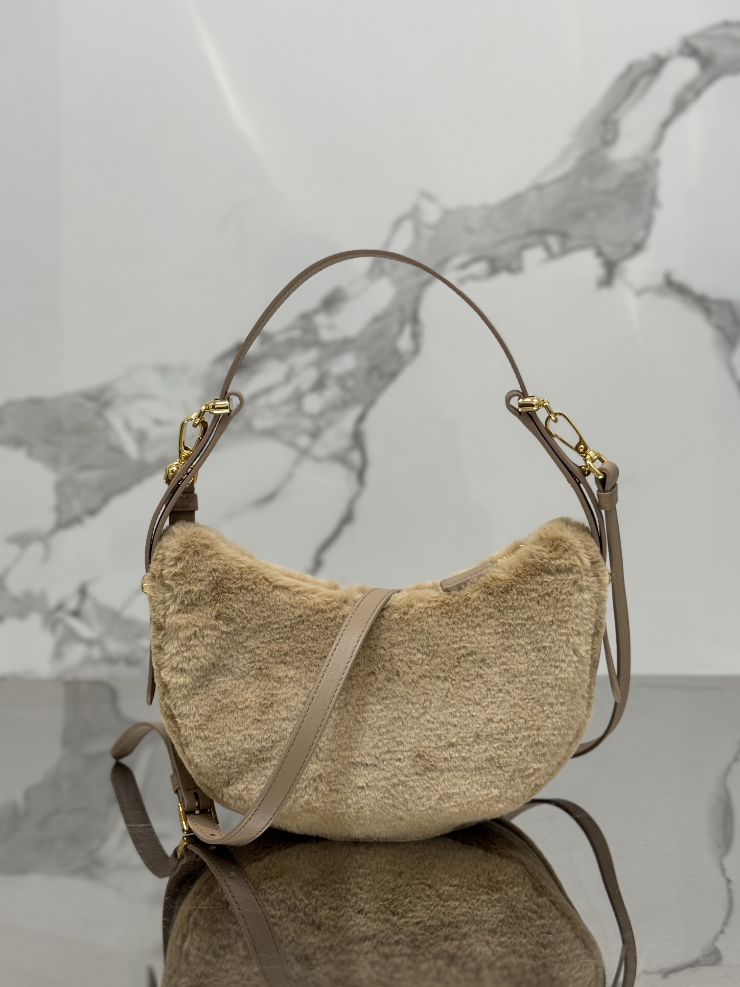 Moon furry bag, made of soft sheepskin and cowhide. Model No: 1BC194  