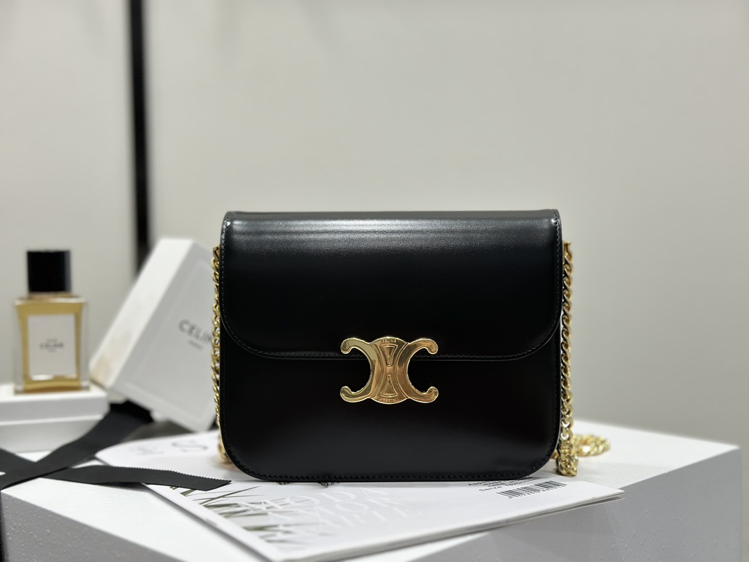 CELINE | COLLEGE TRIOMPHE Black Gold, TRIOMPHE Magnetic Buckle, Cowhide Leather, Sheepskin Lining