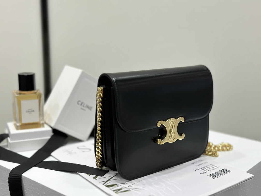 CELINE | COLLEGE TRIOMPHE Black Gold, TRIOMPHE Magnetic Buckle, Cowhide Leather, Sheepskin Lining