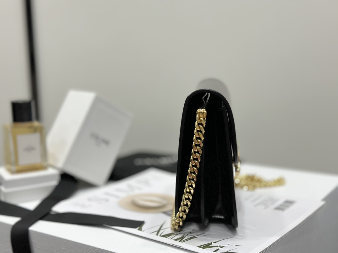 CELINE | COLLEGE TRIOMPHE Black Gold, TRIOMPHE Magnetic Buckle, Cowhide Leather, Sheepskin Lining