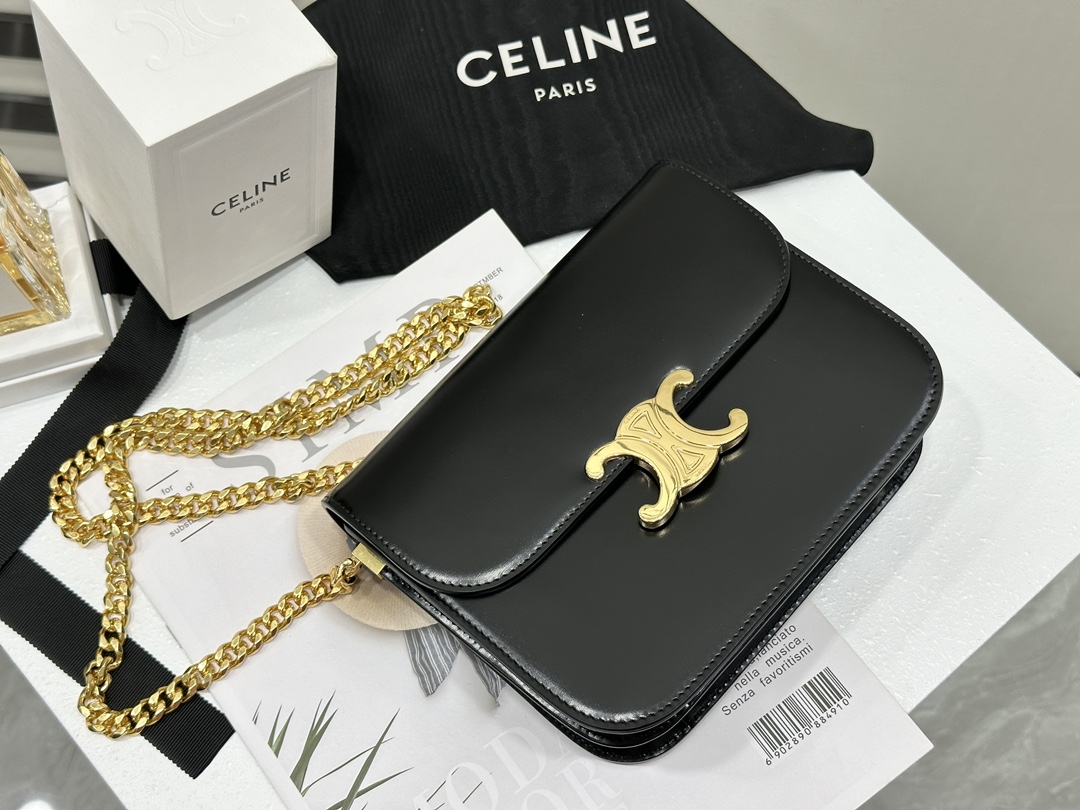 CELINE | COLLEGE TRIOMPHE Black Gold, TRIOMPHE Magnetic Buckle, Cowhide Leather, Sheepskin Lining