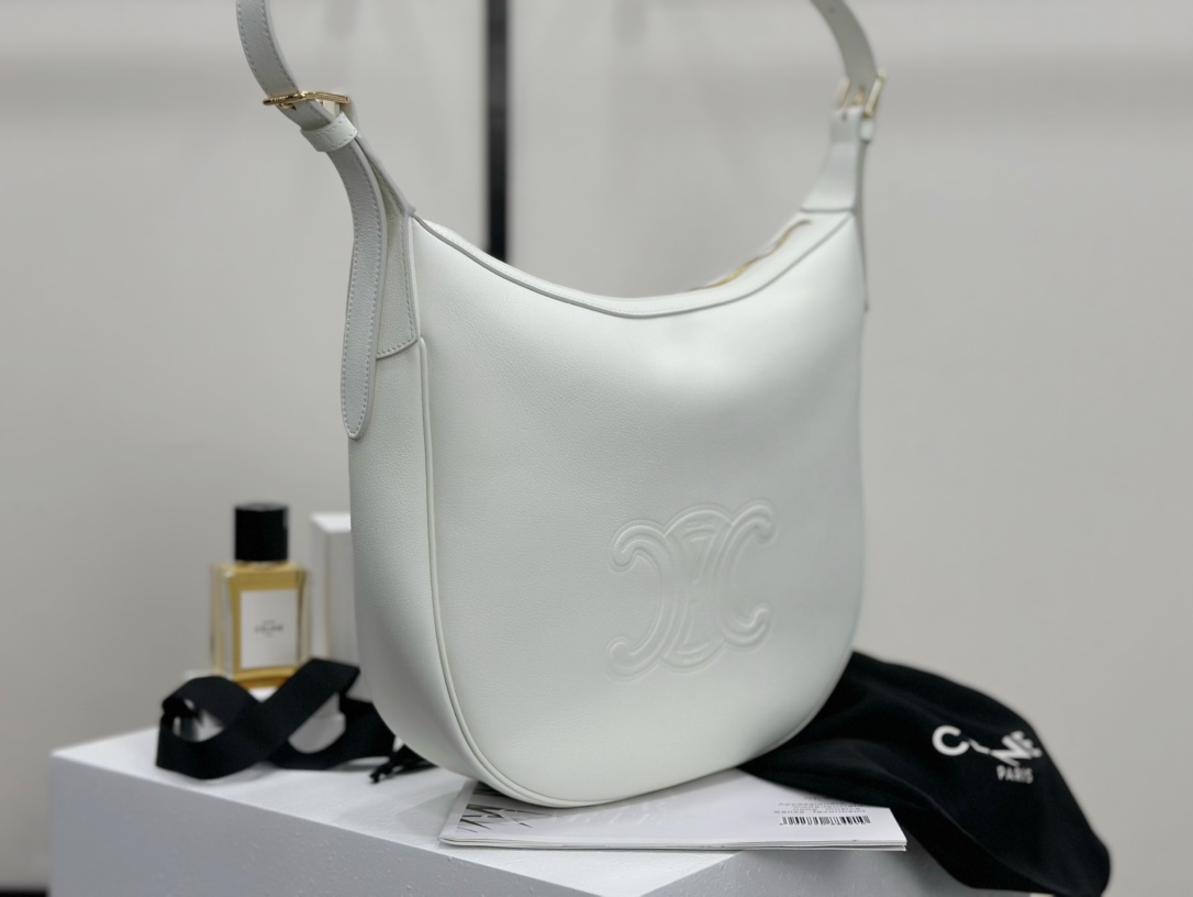 CELINE | Heloise Soft Moonlight White Leather Handbag, Cowhide Leather, Suede Lining  