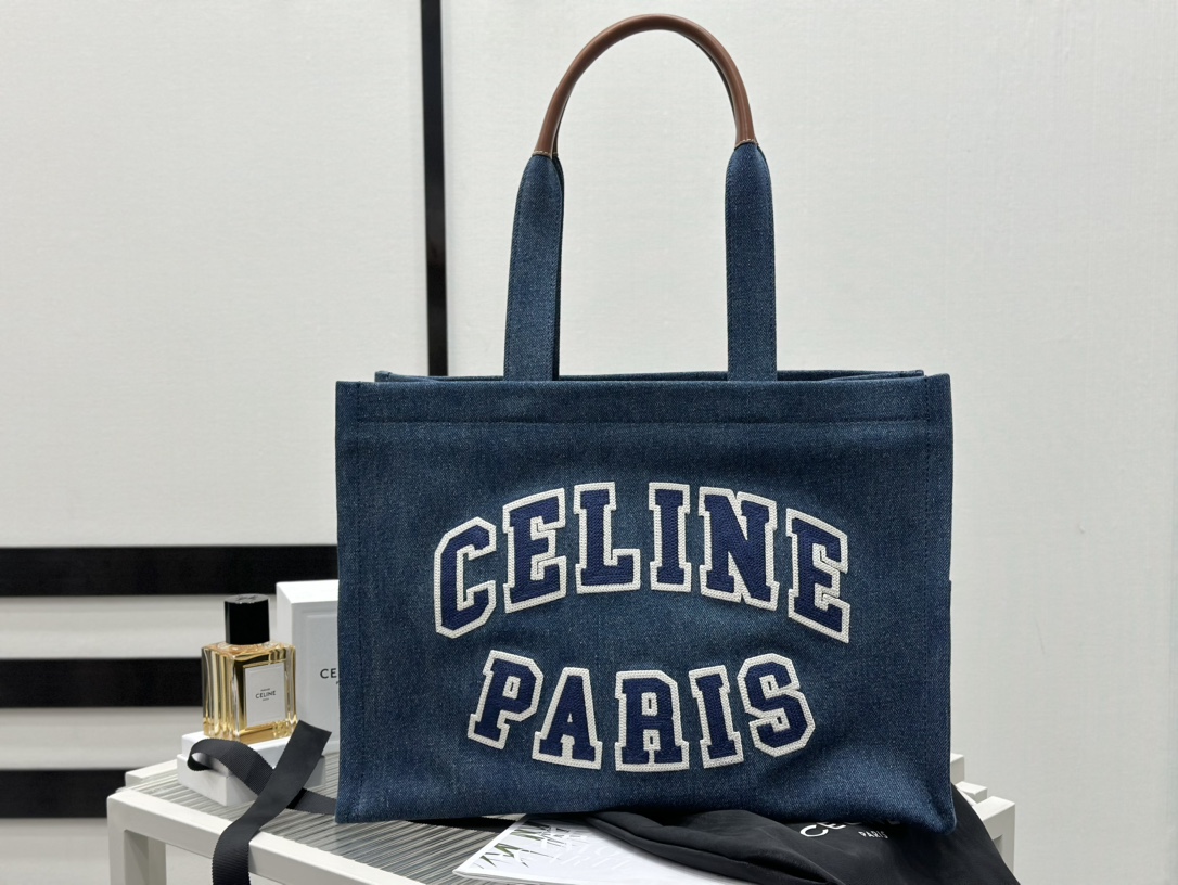 Celine Denim Tote Large, Denim Fabric, Leather Trim, Denim Lining  