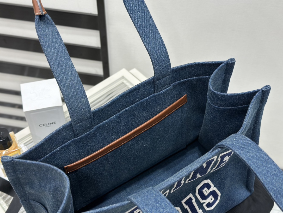 Celine Denim Tote Large, Denim Fabric, Leather Trim, Denim Lining  