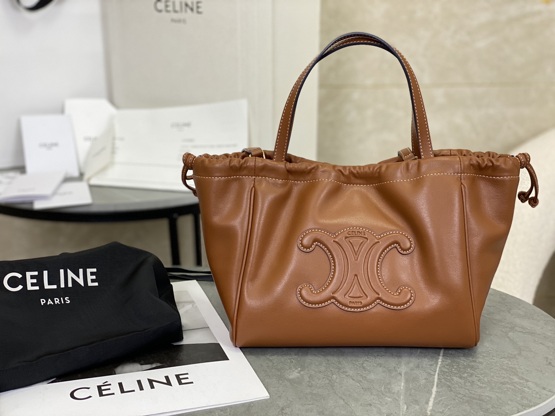 Celine New Full Leather Drawstring Bag, Small Size, Cowhide Leather with Suede Leather Lining  