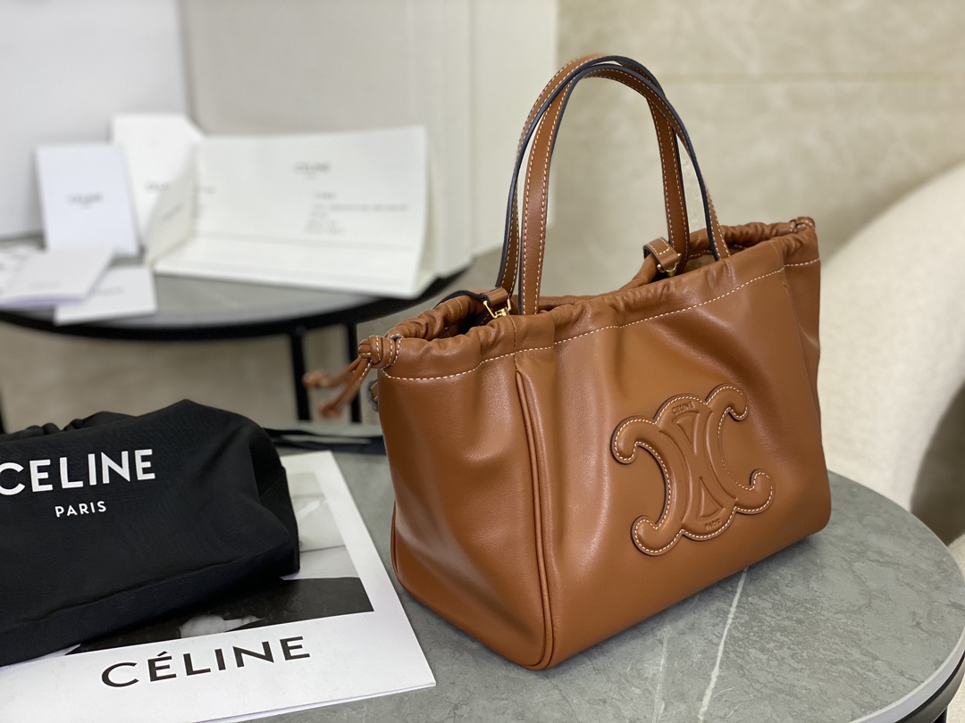 Celine New Full Leather Drawstring Bag, Small Size, Cowhide Leather with Suede Leather Lining  