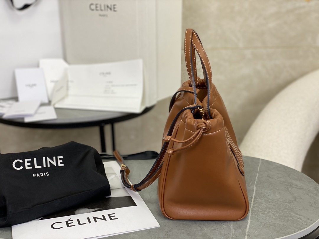 Celine New Full Leather Drawstring Bag, Small Size, Cowhide Leather with Suede Leather Lining  