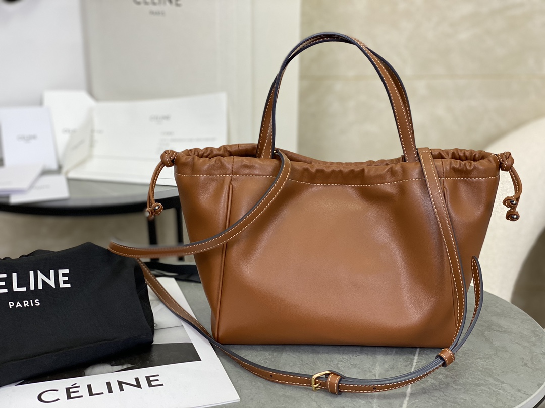 Celine New Full Leather Drawstring Bag, Small Size, Cowhide Leather with Suede Leather Lining  