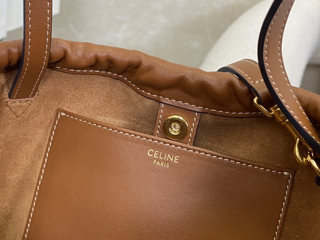 Celine New Full Leather Drawstring Bag, Small Size, Cowhide Leather with Suede Leather Lining  