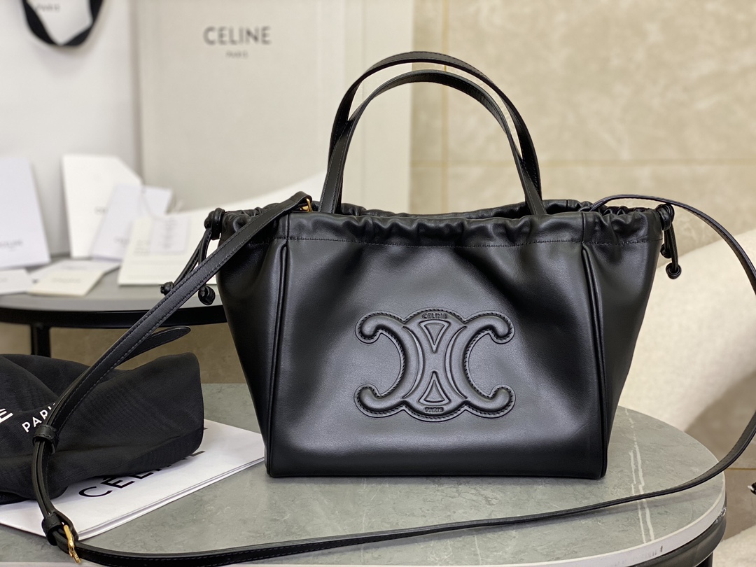 Celine New Full Leather Drawstring Bag, Small Size, Cowhide Leather with Suede Leather Lining  