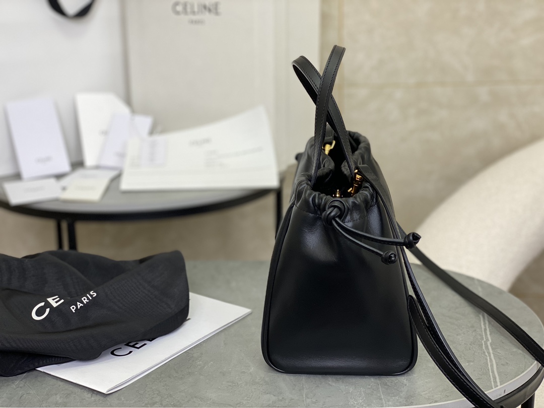 Celine New Full Leather Drawstring Bag, Small Size, Cowhide Leather with Suede Leather Lining  