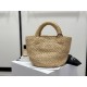 Triomphe Small Classic Plant Material and Soft Leather Tote Bag, Handwoven Handbag