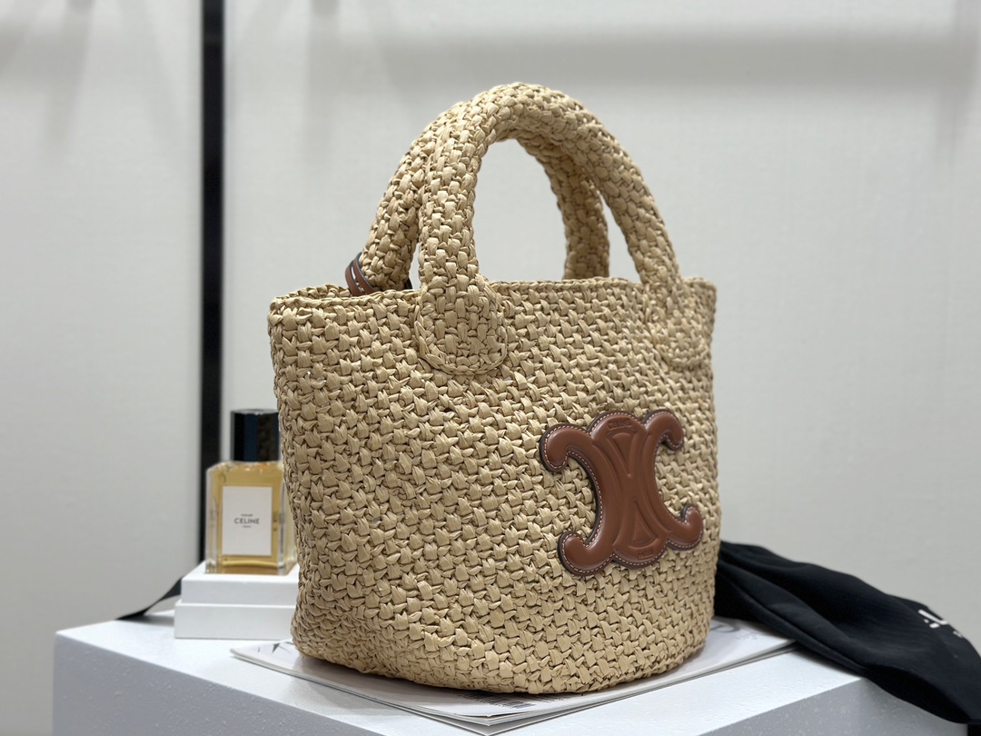 Triomphe Small Classic Plant Material and Soft Leather Tote Bag, Handwoven Handbag