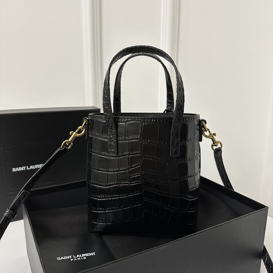 YSL Mini Tote Shopping Bag in New Mini Toile Shoppin style, crafted from crocodile-patterned cowhide,  