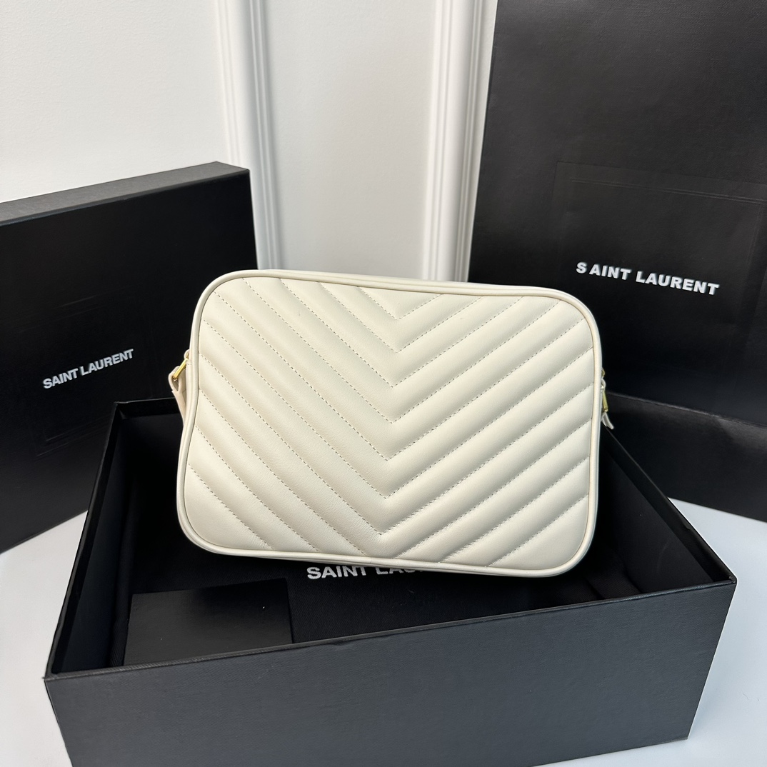 White YSL Loulou Stitched Camera Bag, Detachable Tassel  