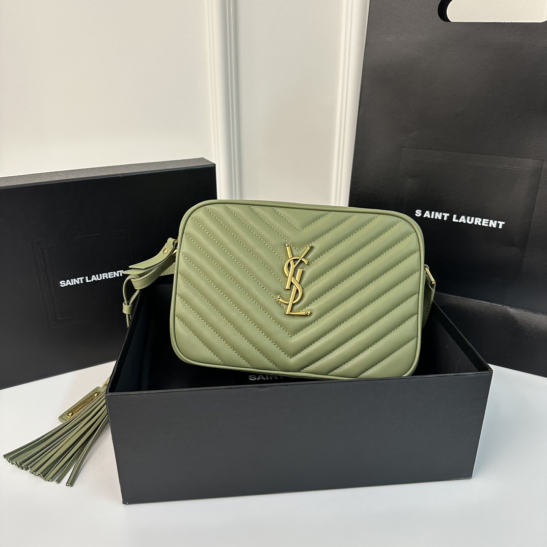 Green YSL Loulou Stitched Camera Bag, Detachable Tassel  