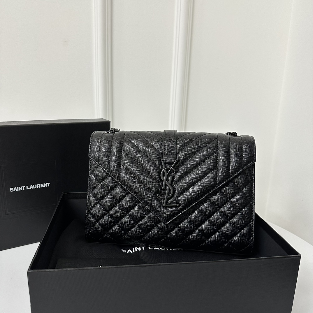 YSL Envelope 24CM Bag, Calfskin, V-Pattern Quilted Caviar Embossed Leather  