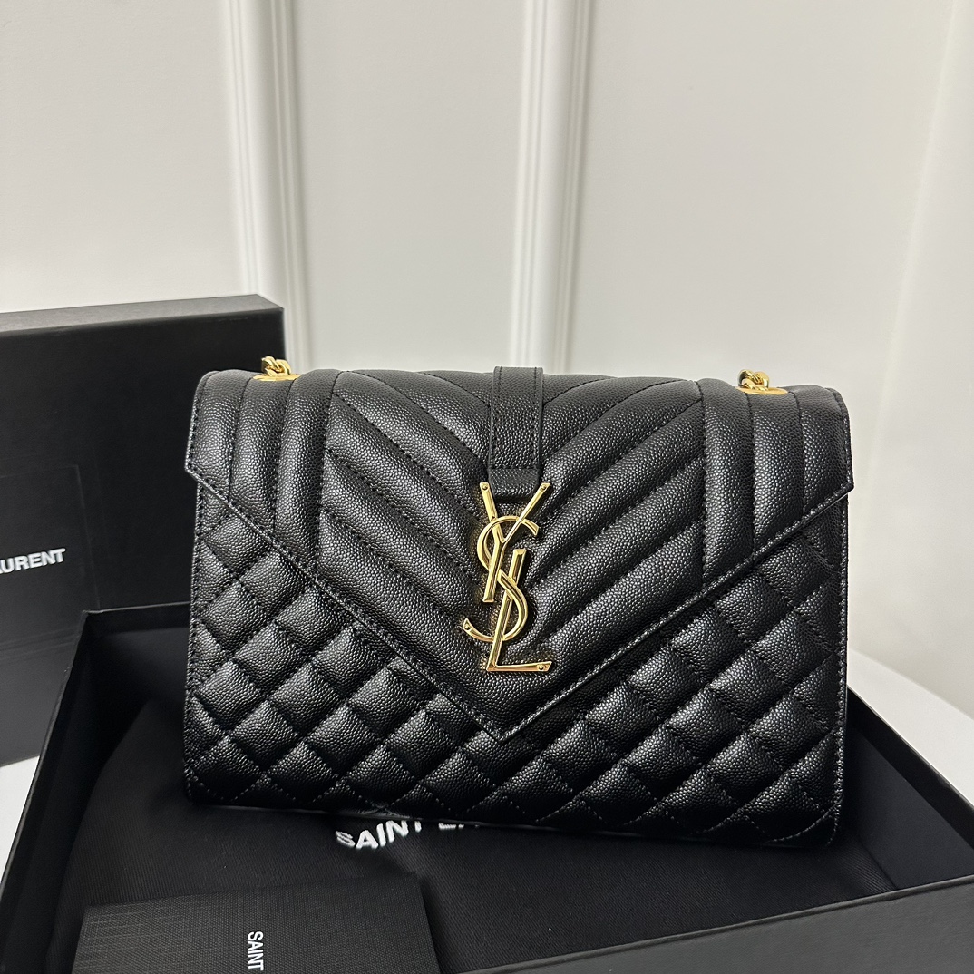 YSL Envelope 24CM Bag, Calfskin, V-Pattern Quilted Caviar Embossed Leather  