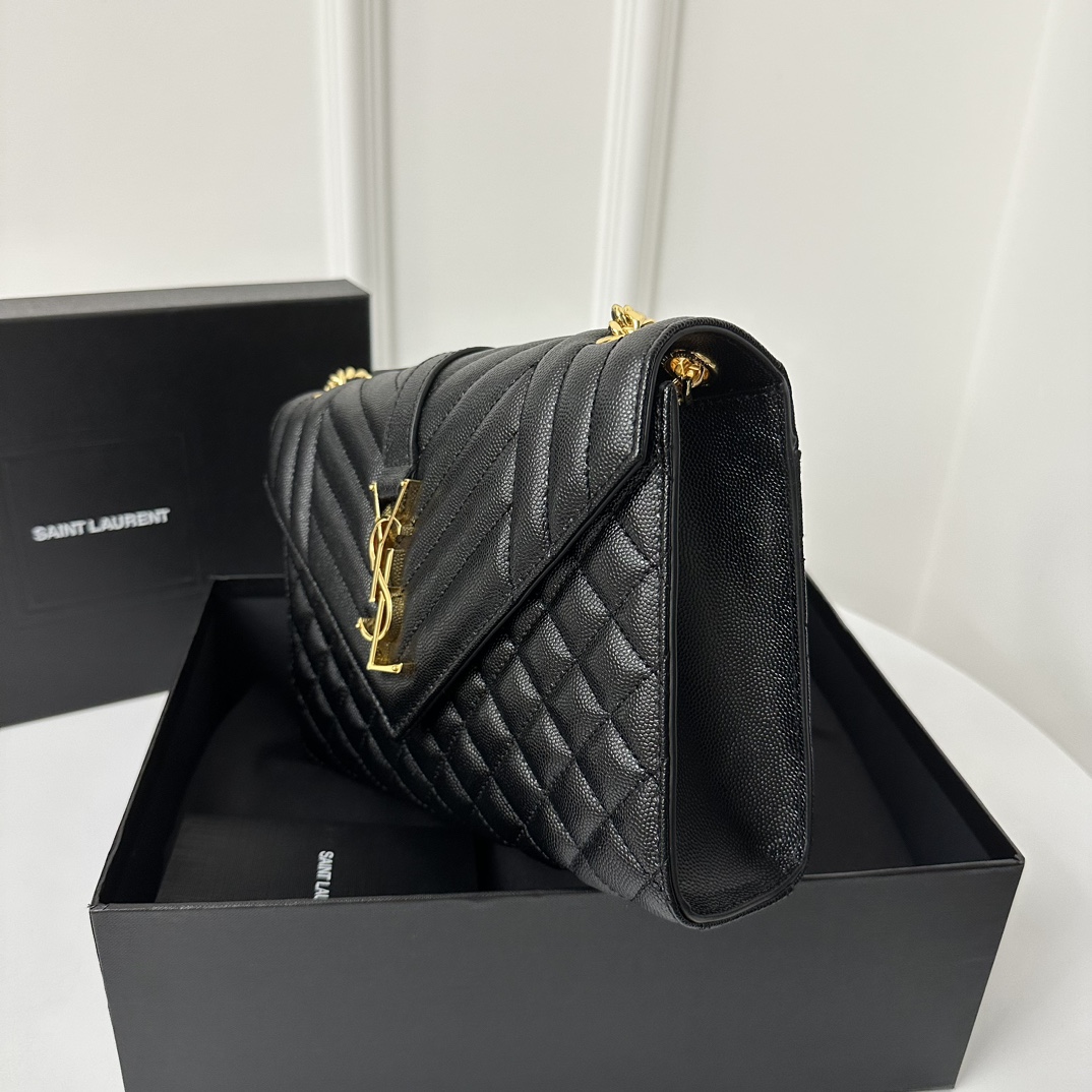 YSL Envelope 24CM Bag, Calfskin, V-Pattern Quilted Caviar Embossed Leather  