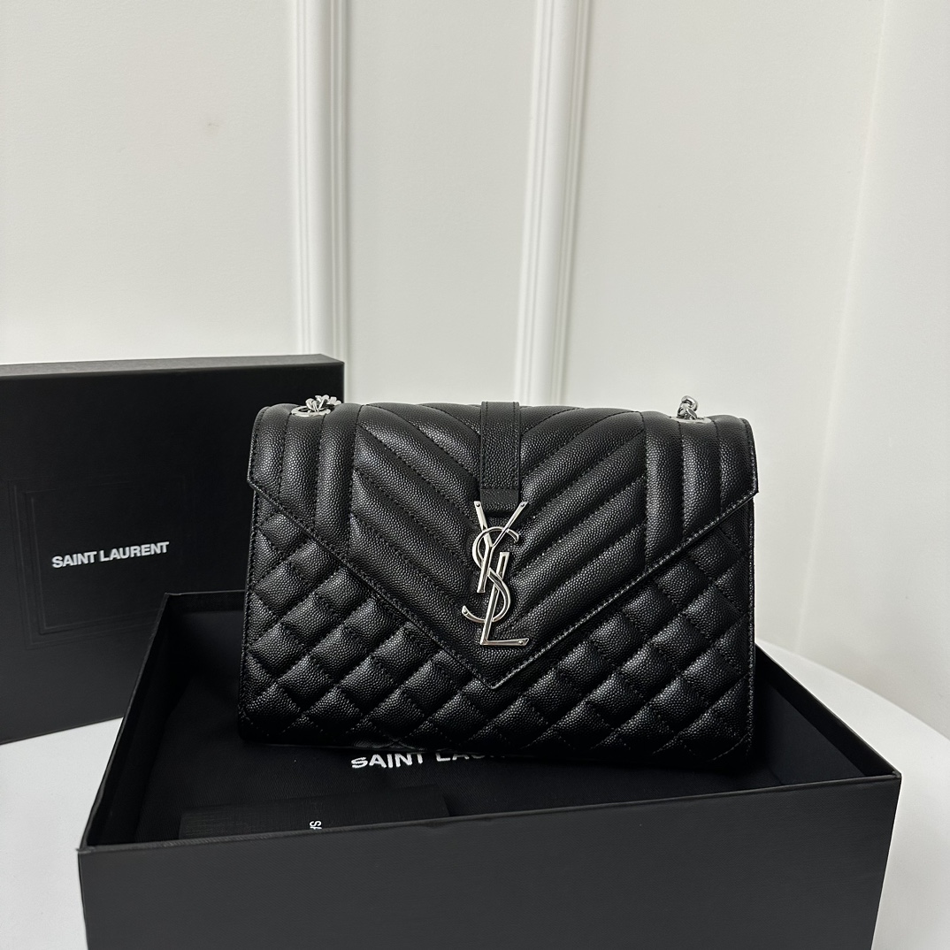 YSL Envelope 24CM Bag, Calfskin, V-Pattern Quilted Caviar Embossed Leather  